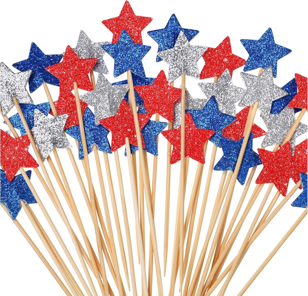 120 Pcs 4th of July Glitter Cupcake Toppers – Patriotic Star Independence Day Cake Picks Red Blue Silver for Memorial Day, Veterans Day & Party Decorations